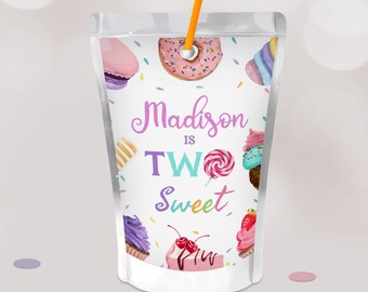 Two Sweet Birthday Capri Sun Label, Dessert Party Favor (Editable Printable Download)