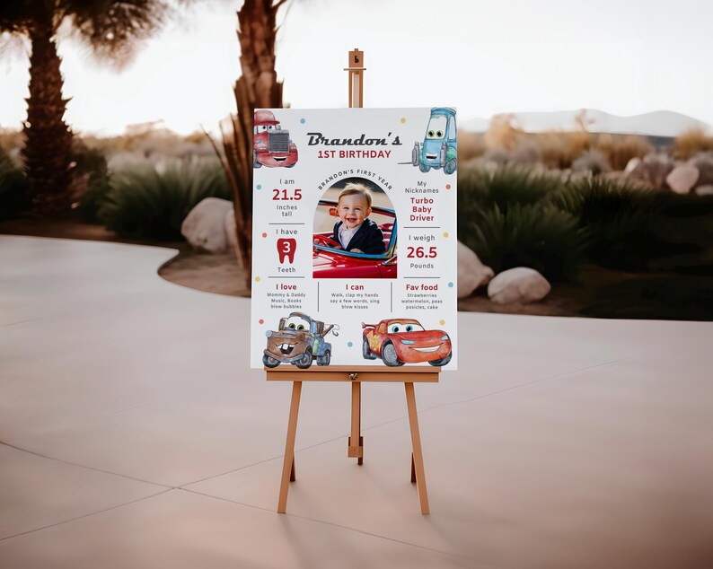Cars Birthday Milestone Board, Lightning Mcqueen Poster, Cars Party Milestone Stats, Tow Mater Welcome Banner, Fast One, Canva, B624