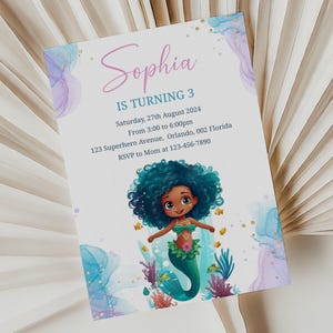 African American Little Mermaid Birthday Invitation, Little Mermaid Live Movie Birthday Invite, African American Ariel Birthday B276
