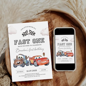Cars Birthday Invitation, Fast One, Lightning McQueen Invitation, Kids First Birthday Invite, Digital Invitation, Canva Editable Evite, B623