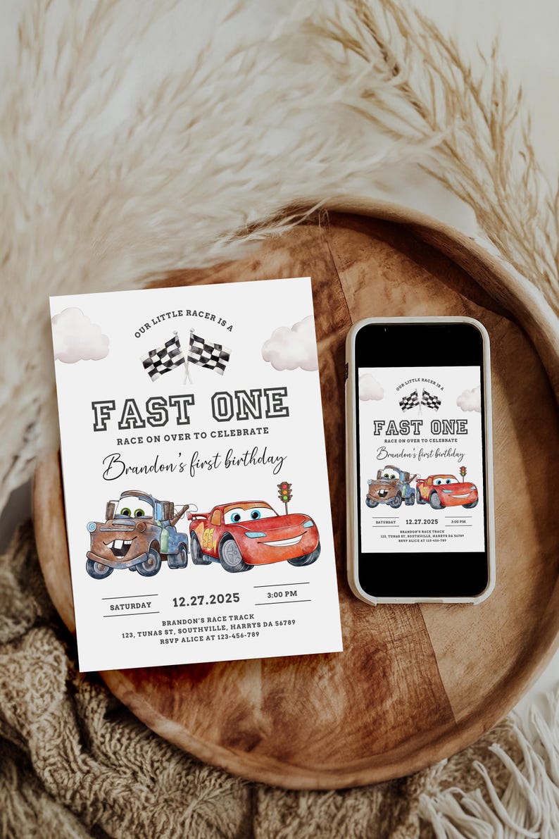 Cars Birthday Invitation, Fast One, Lightning McQueen Invitation, Kids First Birthday Invite, Digital Invitation, Canva Editable Evite, B623