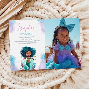 Faire-part d'anniversaire petite sirène, invitation d'anniversaire Ariel, faire-part modifiable, faire-part photo pour filles princesse africaine Ariel, B276