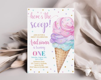 Ice Cream First Birthday Invitation, Pink Mint Gold (Editable Download)