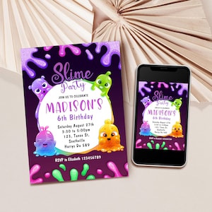 INVITACIÓN PARA FIESTA DE SLIME Invitación editable para fiesta de slime Juguete Slime Cumpleaños de niña Slime Glow Fiesta Imprimible Invitación editable para fiesta de slime B038