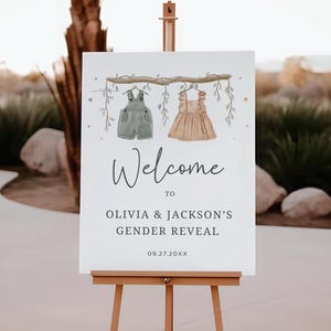 Gender Reveal Welcome Sign Template, Boho Gender Reveal Boy Girl, Neutral Gender Reveal Baby Shower, Clothes Baby, Editable, Instant, B510