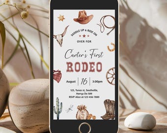 Editable My First Rodeo Cowboy Birthday Invitation, Wild West (Digital Mobile)