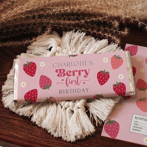 Berry First Birthday Chocolate Bar Labels, Strawberry Party Favors (Printable, Editable)