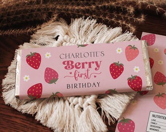 Berry First Birthday Chocolate Bar Labels, Editable Berry 1st Birthday Party Favors, Printable Strawberry Birthday Labels, B408