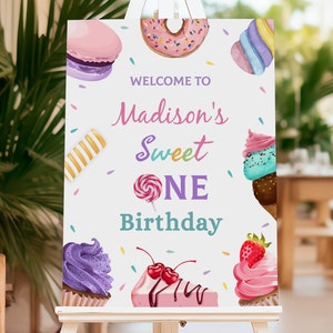 Sweet one Birthday welcome sign 1st Birthday Welcome Poster Dessert sign Girl Ice cream Candy Cake Donut Editable Printable Download, B165