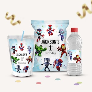 Sjabloon superheld feestartikelen, sjabloon Spidey Treats, zakje chips, waterfles, Caprisun-labels, feestdecoraties, afdrukbaar Spidey, B633