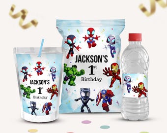 Modello per bomboniere di compleanno a tema supereroi, dolcetti di Spiderman, etichette per sacchetti di patatine e bottiglie d'acqua (download digitale)