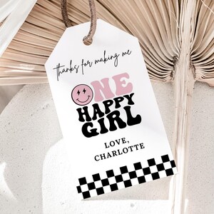 Editable One Happy Girl Birthday Party Favor Tag, One Happy Babe Thank You Tag, Retro Smiley Face Gift Tag, One Happy Girl Gift Tag, B410