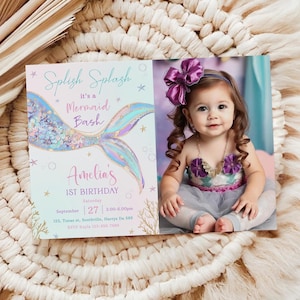 Editable Mermaid Birthday Invitation with Photo, Mermaid Bash Under the Sea Birthday Invite, Sprinkle, Pink, Purple, Gold Mermaid Birthday
