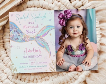 Editable Mermaid Birthday Invitation with Photo, Mermaid Bash Under the Sea Birthday Invite, Sprinkle, Pink, Purple, Gold Mermaid Birthday