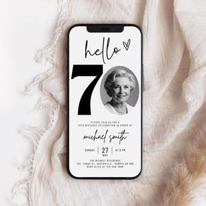 70e verjaardag uitnodigen met foto, digitale download, 70e uitnodigingssjabloon mannen of vrouwen Hallo 70 bewerkbare papierloze uitnodiging mobiele Evite