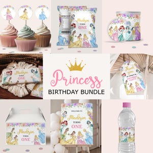 Lot d'anniversaire princesse, ensemble magique de fête d'anniversaire princesse royale, décoration de fête de princesse, décoration de fête à thème princesses, modifiable, B301