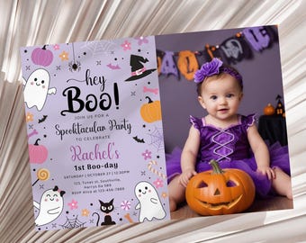 Spooky One Halloween First Birthday Photo Invitation, Girl, Pumpkin, Ghost (Editable, Printable)