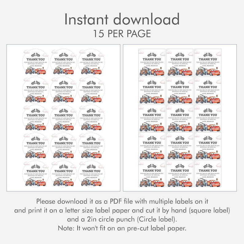 Cars Birthday Favor Tag Boy Lighting McQueen Race Car Party Thank You Tags Gift Tags Party Decoration Printable Editable Template, B622
