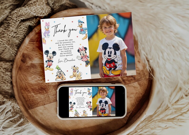 Mickey Birthday Thank You Card With Photo Mickey and Friends Birthday ...