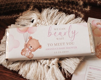 Teddy Bear Baby Shower Candy Bar Wrapper, Pink Hot Air Balloon (Digital Download)