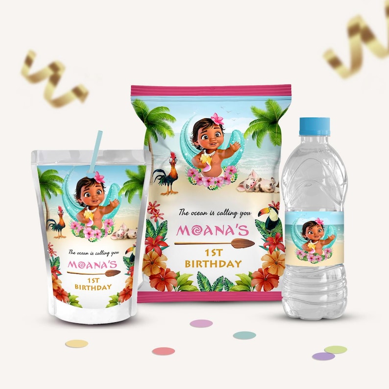 Baby Moana Party Supplies Printable, Chip bag, Water bottle, Juice pouch, Moana Birthday Decoration, Personalized Princess Party Favors B004