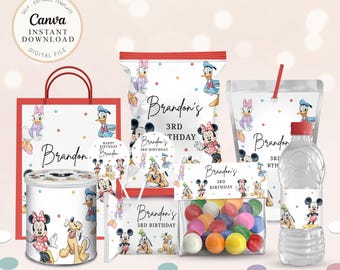Könnte beinhalten: Eine Sammlung von Partyartikeln mit Disney-Figuren. Enthält eine Geschenktüte, Snackbeutel, eine Wasserflasche und Etiketten. Die Designs zeigen Micky, Minnie, Donald und Daisy Duck. Der Text "Brandon's 3rd Birthday" ist auf mehreren Artikeln zu sehen.