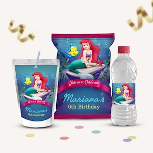 PAQUETE: Bolsa de papas fritas Ariel de La Sirenita, etiquetas para jugo, etiquetas para botellas de agua. Edita en CANVA. Kit para fiestas. Plantillas imprimibles, B146