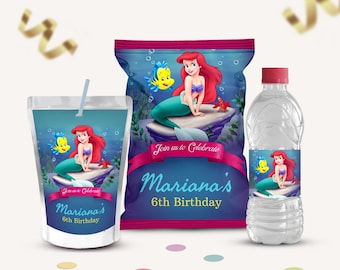 Etiquetas para fiesta de Ariel la Sirenita, plantilla imprimible de Canva (descarga digital)