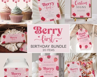 Berry First Birthday Invitation Bundle, Strawberry Theme (Digital Download)