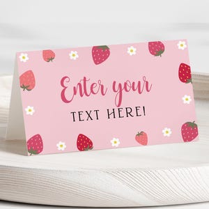 Cartes d'étiquette de nourriture de premier anniversaire de baies, cartes de tente modifiables de fraise 1er anniversaire, décoration de fête d'anniversaire imprimable de premier anniversaire de baies, B408
