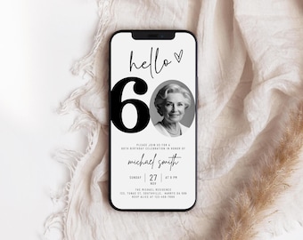 Editable Photo 60th Birthday Invitation, Modern Mobile Evite (Digital Download)
