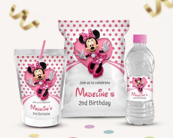 Minnie Mouse Party Favor Kit, Editable Chip Bag, Water Bottle, Juice Pouch (Digital Download)