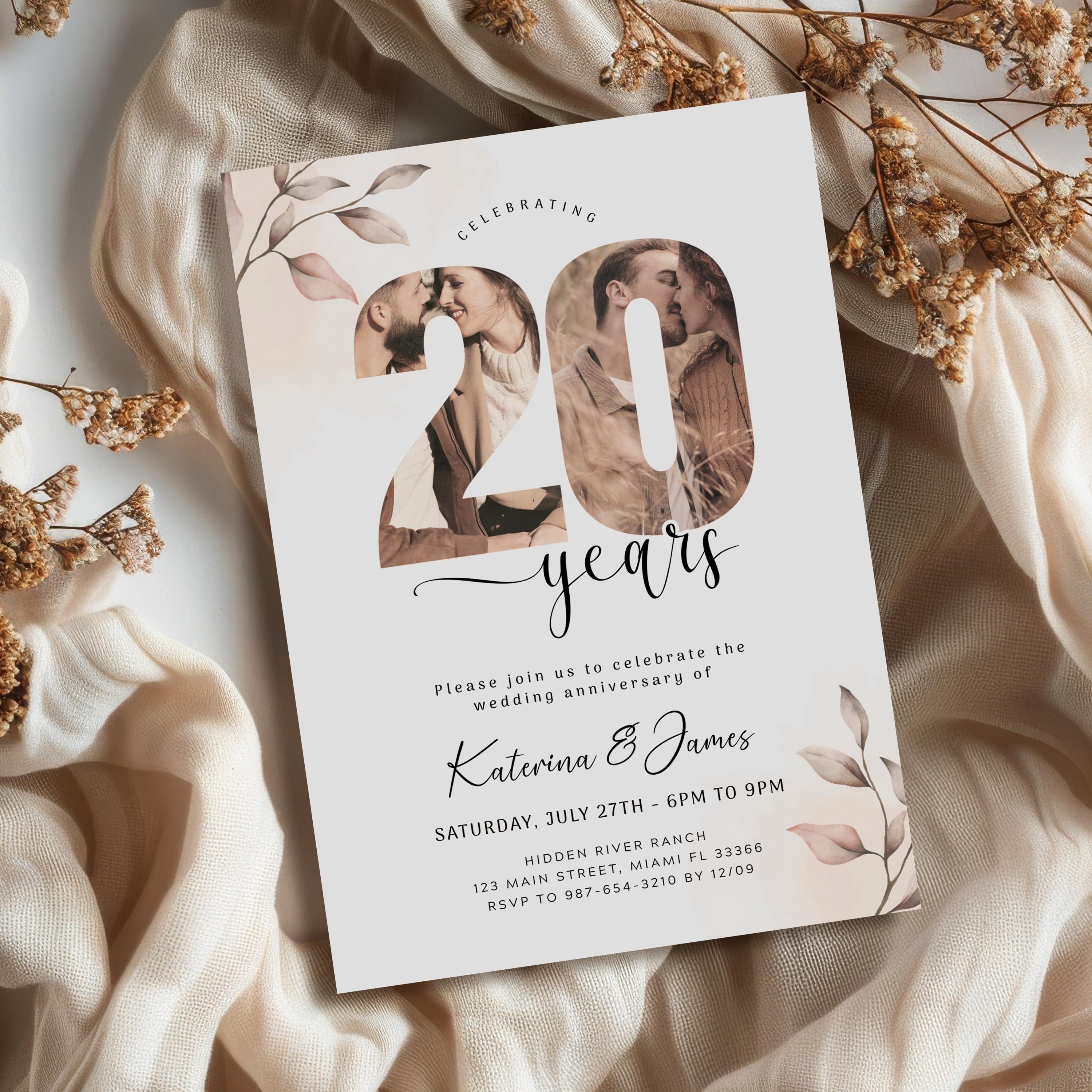 Editable 20th Anniversary Invitation, Boho Photo Template (digital