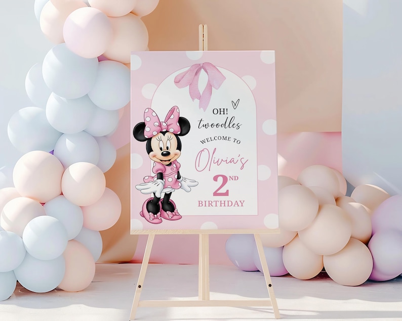 Minnie Mouse TwoDles Birthday Welcome Sign Template | Editable Printable Party Sign | Canva Digital Download | Girl Birthday Decoration
