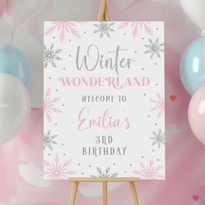 Editable Winter Wonderland Birthday Welcome Sign Template, Printable Snowflake Glitter Girl Birthday Welcome Poster, DIGITAL DOWNLOAD, B434