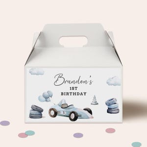 Bewerkbaar label racewagen gunstvak jongen Racing partij gunst Fast One verjaardagsfeestje decor racen 1e verjaardag blauwe auto digitale sjabloon, B465