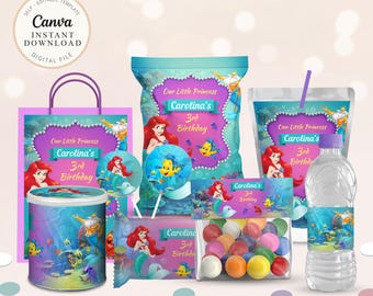 Ariel Mermaid Birthday Party Pack, Under The Sea Printable (Editable)