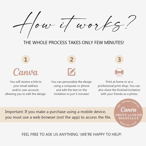 May include: A step-by-step guide on how to use Canva to create and personalize an invitation. The guide includes three steps: 1. Receive a link to edit the design in Canva, 2. Personalize the design using a computer or phone, and 3. Print at home or at a professional print shop. The guide also includes a note that if you make a purchase using a mobile device, you must use a web browser to access the file.