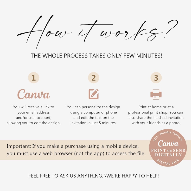 May include: A step-by-step guide on how to use Canva to create and personalize an invitation. The guide includes three steps: 1. Receive a link to edit the design in Canva, 2. Personalize the design using a computer or phone, and 3. Print at home or at a professional print shop. The guide also includes a note that if you make a purchase using a mobile device, you must use a web browser to access the file.