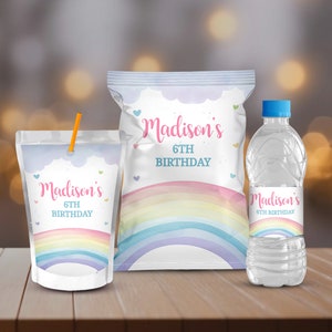 Rainbow Party Kit, Watercolor Birthday Decoration, Printables Chip bag, Water Bottle, Caprisun Labels, Girl Party Favors, Heart Pink, B302