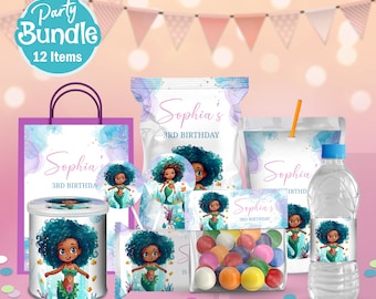 Decoraciones para fiesta de cumpleaños de Ariel de La Sirenita, imprimibles de sirena negra (descarga digital)