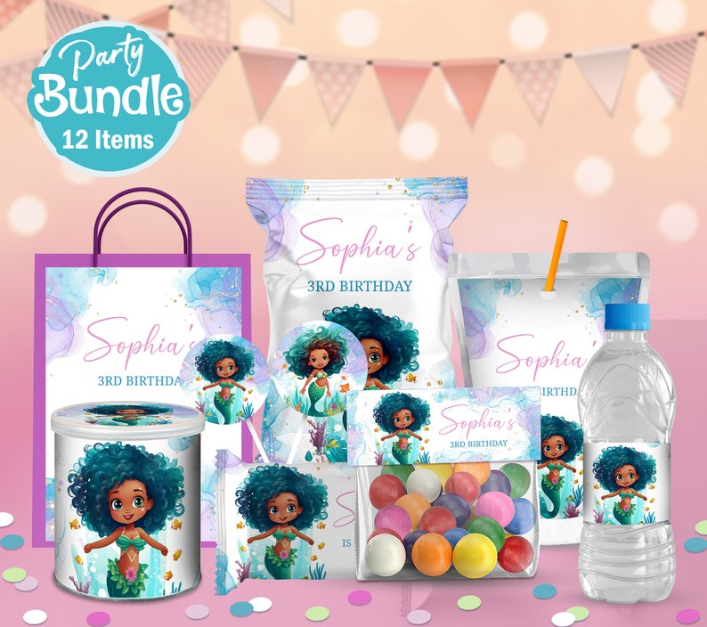 Little Mermaid Ariel Party Package, Birthday Printables, Party Kit, Party Decor, Party Decorations, Party Favors, Black Mermaid Party