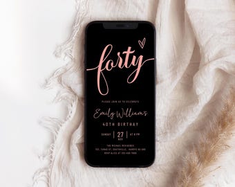 Black Rose Gold 40th Birthday Invitation, Editable Evite (Digital Download)
