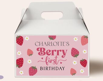 Editable Berry First Birthday Gable Box Labels, Strawberry Gable Box Label, Berry Gift Box Label, Berry Favor Box Label, Canva, B408