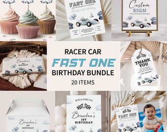 Paquete imprimible de cumpleaños número 1 con diseño de coche de carreras, azul vintage (descarga editable)