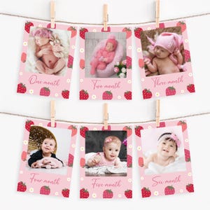 Banner de primer cumpleaños con diseño de bayas, decoraciones imprimibles para primer cumpleaños con diseño de bayas, tarjetas de hitos con fotos, decoración de fresas para el primer cumpleaños de una niña