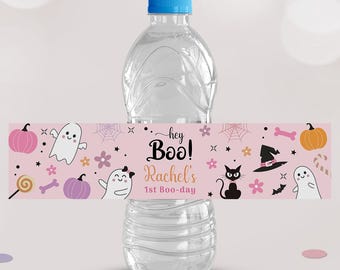 Pink Ghost 1st Birthday Water Bottle Labels, Spooky One Decor (Editable Printable Download)
