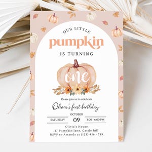 Little Pumpkin Birthday Invitation, Pumpkin 1st Birthday Invite, A Little Pumpkin Is Turning One, Boho Fall Birthday Invitation Girl, B416