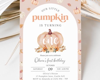 Invitación de primer cumpleaños de Calabacita, Invitación otoñal estilo bohemio (Descarga digital)