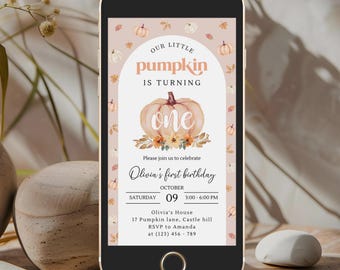 May include: A digital invitation for a first birthday party with a pumpkin theme. The invitation features a watercolor illustration of a pumpkin with the word "one" written on it. The text reads "Our little pumpkin is turning one. Please join us to celebrate Olivia's first birthday. October 09, 3:00-6:00 PM. Olivia's House, 17 Pumpkin Lane, Castle Hill. RSVP to Amanda at (123) 456-789."